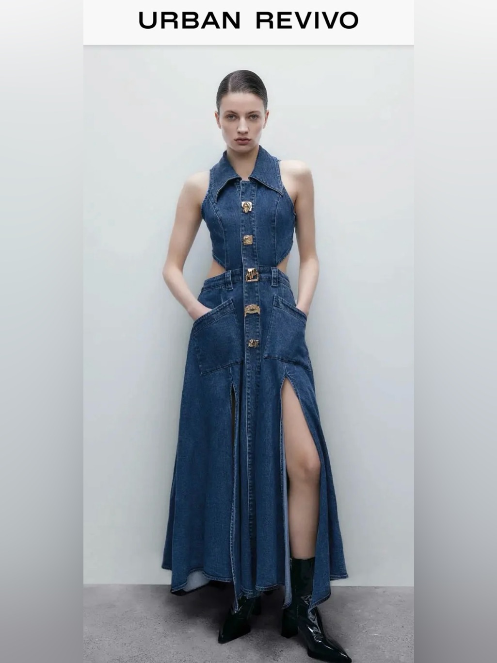 Dark Blue Denim Maxi Overalls Dress